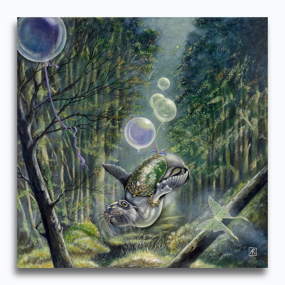 The One That Got Away... painted by renowned UK fantasy artist Ann Richmond, is a beautiful and enigmatic piece of fantasy art featuring an airborne sealion as she collects balloons in a magical forest... Part of the Otherwurlde Collection—and created in collaboration with writer Gary Hyland—the piece transports viewers into a magical realm where armoured animals and evocative narratives come to life. Offered as affordable art with story, collectors can choose between the original artwork and an exclusive range of fine-art prints. Discover the enchantment at Otherwurlde.com.