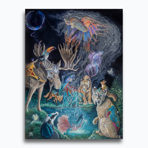 Everyday Miracles by Ann Richmond - A magical artwork of a group of armoured animals & Siamese Fighting Fish. Painted in the artist's unique style... Framing available.