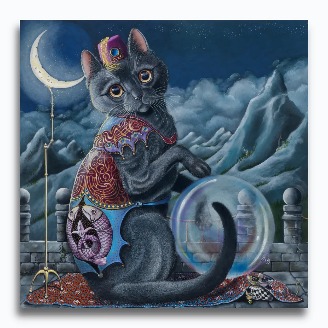 Mystic Mog, painted by renowned UK fantasy artist Ann Richmond, is a mysterious and charming piece of fantasy art featuring a fortune-telling Black Cat who may not be as clever as she thinks! Part of the Otherwurlde Collection—and created in collaboration with writer Gary Hyland—the piece transports viewers into a magical realm where armoured animals and evocative narratives come to life. Offered as affordable art with story, collectors can choose between the original artwork and an exclusive range of fine-art prints. Discover the enchantment at Otherwurlde.com.