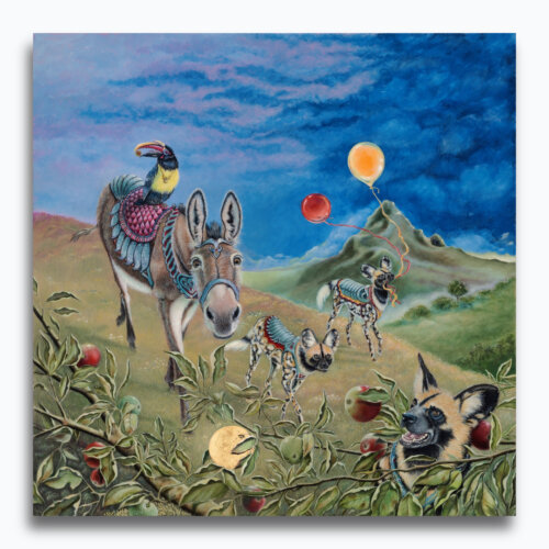 Golden Delicious by Ann Richmond - An artwork of an armoured Donkey & Painted Wolves. Painted in the artist's unique style... Framing available.