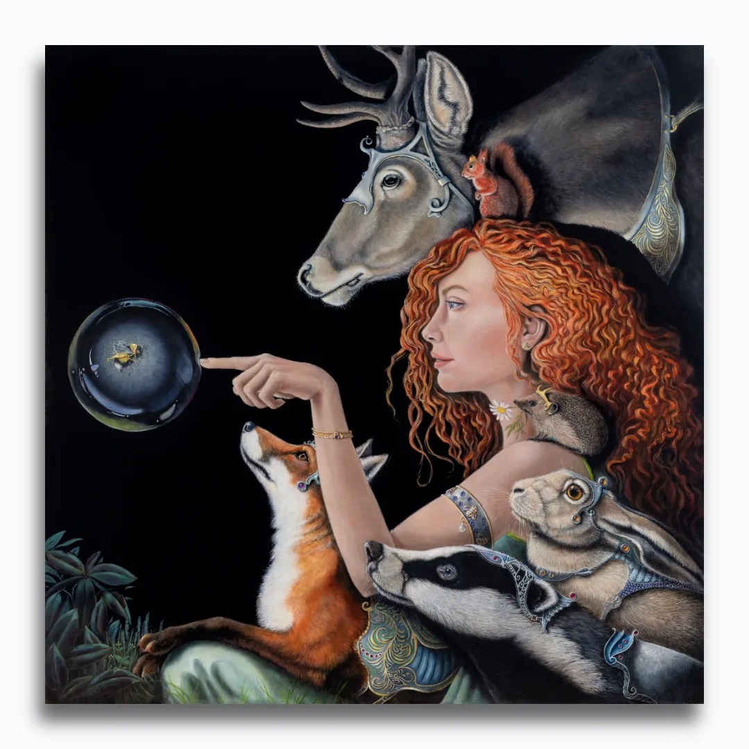 Enlightenment, painted by renowned UK fantasy artist Ann Richmond, is a dreamlike and inspirational piece of fantasy art featuring a dryad and her companions as she receives wisdom from a bee. Part of the Otherwurlde Collection—and created in collaboration with writer Gary Hyland—the piece transports viewers into a magical realm where armoured animals and evocative narratives come to life. Offered as affordable art with story, collectors can choose between the original artwork and an exclusive range of fine-art prints. Discover the enchantment at Otherwurlde.com.