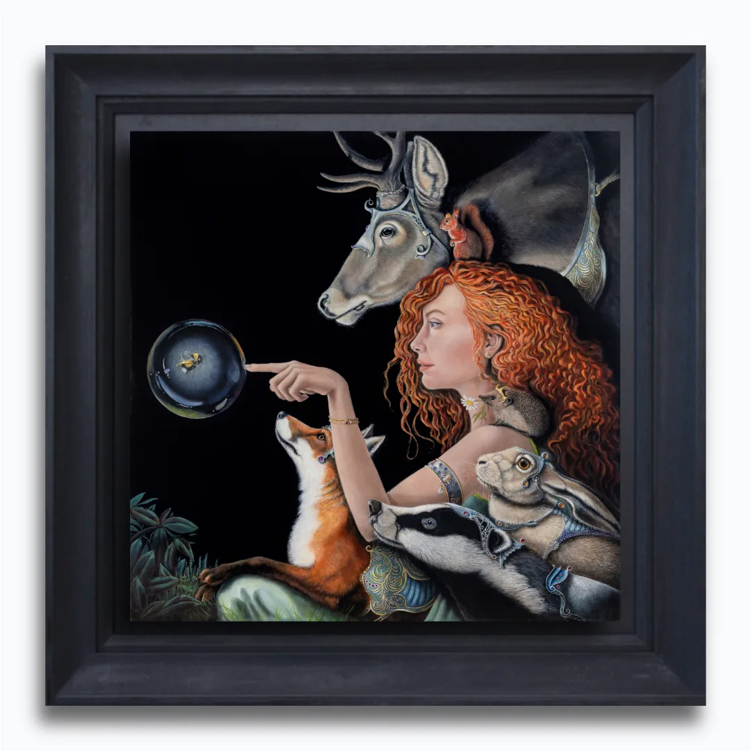 Enlightenment, painted by renowned UK fantasy artist Ann Richmond, is a dreamlike and inspirational piece of fantasy art featuring a dryad and her companions as she receives wisdom from a bee. Part of the Otherwurlde Collection—and created in collaboration with writer Gary Hyland—the piece transports viewers into a magical realm where armoured animals and evocative narratives come to life. Offered as affordable art with story, collectors can choose between the original artwork and an exclusive range of fine-art prints. Discover the enchantment at Otherwurlde.com.