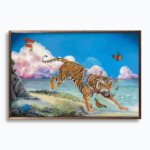A Great Leap Forward by Ann Richmond - An artwork of an armoured Tiger pulling a box kite. Painted in the artist's unique style... Framing available.