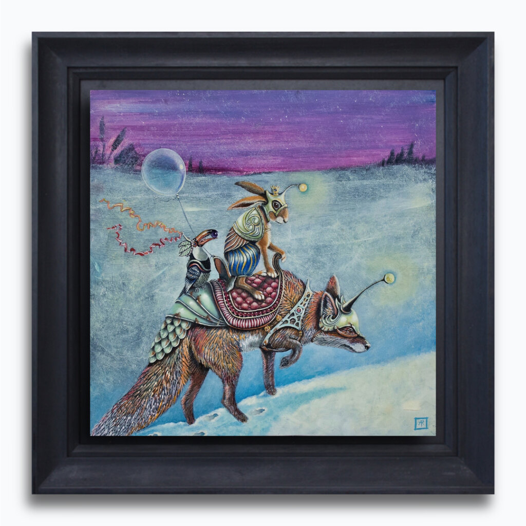 The Pilgrims, painted by renowned UK fantasy artist Ann Richmond, is a striking piece of fantasy art showcasing a Red Fox, Toucan & Hare as they walk through deep snow. Part of the Otherwurlde Collection, this artwork invites viewers into a fabled realm of armoured animals and their wonderful stories. Explore both the Original Work & Fine-Art Prints of this enchanting piece at Otherwurlde.com.