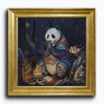 Dinner For One? by Ann Richmond - An artwork of an armoured (& hungry) Giant Panda with a Red Panda friend. Painted in the artist's unique style... Framing available.