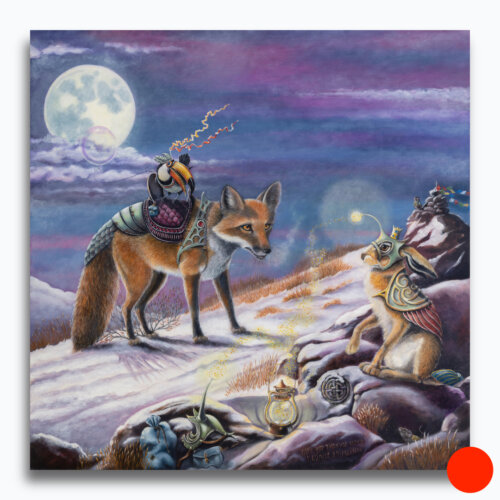 Pilgrim's Rest by Ann Richmond - A dreamlike artwork featuring an armoured Red Fox, Hare & Toucan. Painted in the artist's unique style... Framing available.