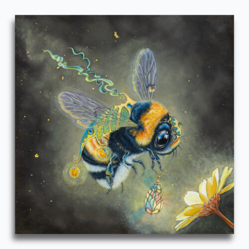 Moonflower by Ann Richmond - A stunning artwork featuring an armoured Bumble Bee gathering nectar. Painted in the artist's unique style... Framing available.