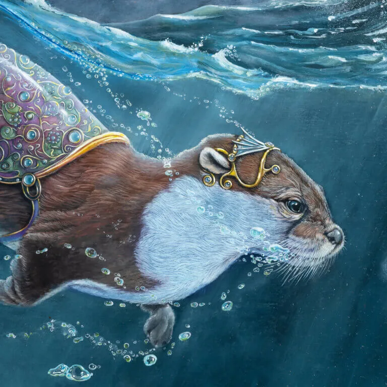 All That Glitters... by Ann Richmond - A stunning artwork of an armoured Otter chasing 2 Golden Carp. Painted in the artist's unique style... Framing available.