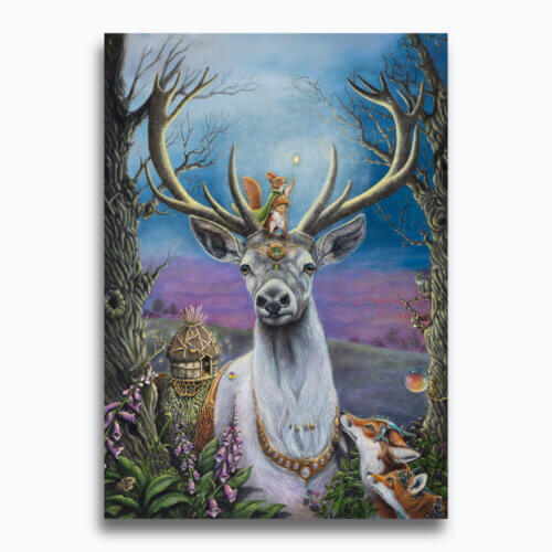 The Healer's Gift... by Ann Richmond - A Painting of a white Deer Stag and Shamanic Red Squirrel companion appearing in a wooded glade. Painted in the artist's unique style... Framing available.