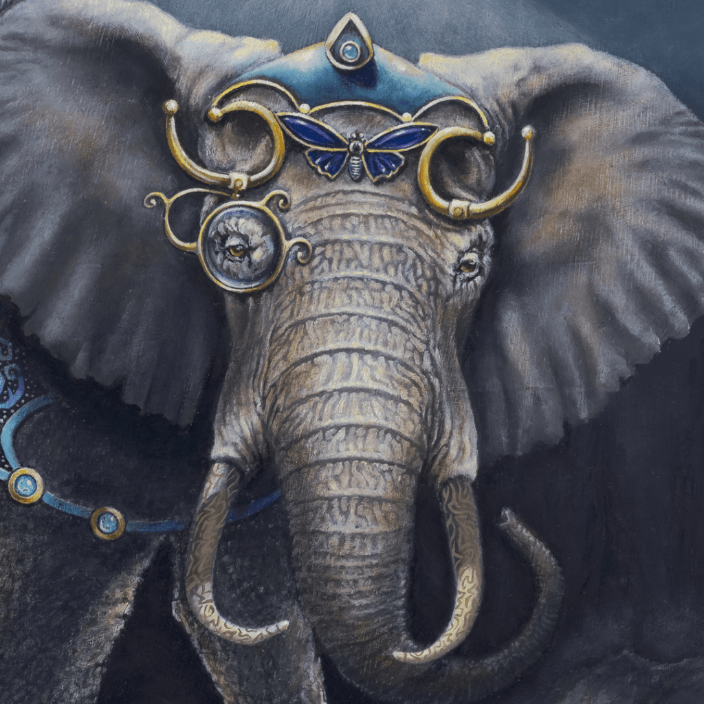Infinite Dreams, painted by renowned UK fantasy artist Ann Richmond, is a mysterious and enigmatic piece of fantasy art featuring an African elephant aboard a whimsical little steamboat... Part of the Otherwurlde Collection—and created in collaboration with writer Gary Hyland—the piece transports viewers into a magical realm where armoured animals and evocative narratives come to life. Offered as affordable art with story, collectors can choose between the original artwork and an exclusive range of fine-art prints. Discover the enchantment at Otherwurlde.com.