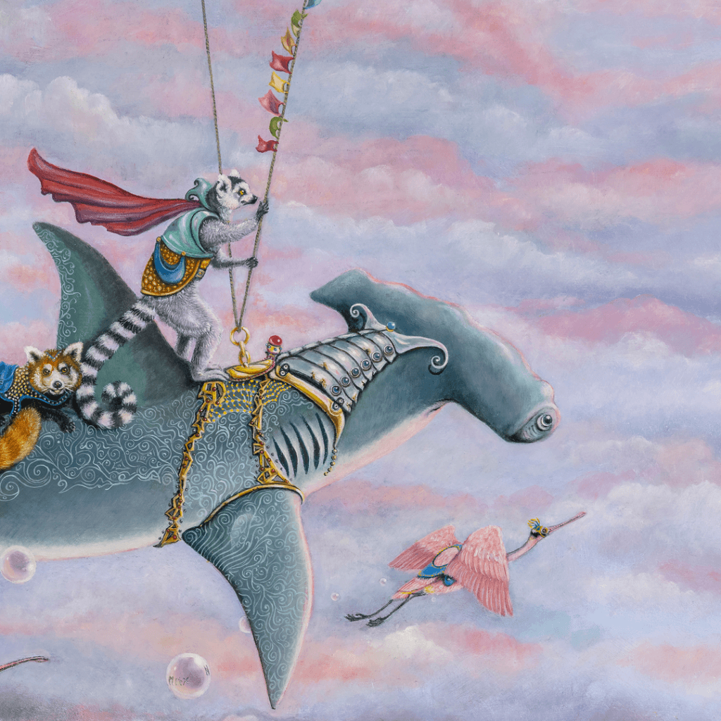 Life's a Breeze, painted by renowned UK fantasy artist Ann Richmond, is a stunning and enigmatic piece of fantasy art featuring an airborne hammerhead shark carrying a lemur to a new destination... Part of the Otherwurlde Collection—and created in collaboration with writer Gary Hyland—the piece transports viewers into a magical realm where armoured animals and evocative narratives come to life. Offered as affordable art with story, collectors can choose between the original artwork and an exclusive range of fine-art prints. Discover the enchantment at Otherwurlde.com.