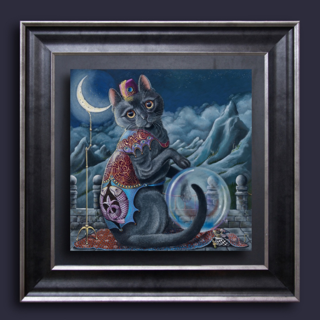 Mystic Mog by Ann Richmond - An endearing artwork of a fortune-telling Black Cat. Painted in the artist's unique style... Framing available. This artwork emerges from the Otherwurlde: our fantastical realm of armoured animals, where every image invites the viewer to uncover its hidden story & deeper meaning. Explore both Original Artworks & Fine-Art Prints at Otherwurlde.com.