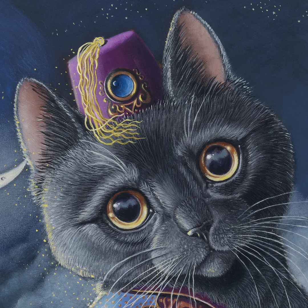 Mystic Mog, painted by renowned UK fantasy artist Ann Richmond, is a mysterious and charming piece of fantasy art featuring a fortune-telling Black Cat who may not be as clever as she thinks! Part of the Otherwurlde Collection—and created in collaboration with writer Gary Hyland—the piece transports viewers into a magical realm where armoured animals and evocative narratives come to life. Offered as affordable art with story, collectors can choose between the original artwork and an exclusive range of fine-art prints. Discover the enchantment at Otherwurlde.com.