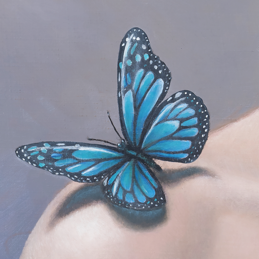 Arrival is the second painting in Ann Richmond's From Whispers to Wings triptych. The young woman, now more assured, finds the blue butterfly—a symbol of inspiration—on her shoulder, while a turban encircled by monarch butterflies reflects her inner contemplation. This piece, set in the magical Otherwurlde, conveys the beauty of recognising and considering one’s own insight. Created by UK fantasy artist Ann Richmond, this artwork speaks to the themes of inspiration and self-reflection. Discover the Original Work & Fine-Art Prints at Otherwurlde.com.