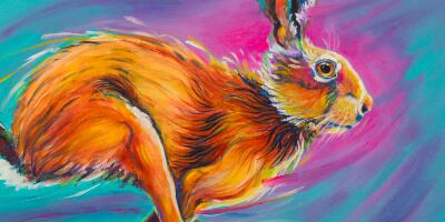 Neon Hare #2, painted by renowned UK wildlife artist Ann Richmond, is a spirited and evocative piece of wildlife art featuring a sprinting hare painted in a wide palette of neon-effect tones that create a striking visual impact. Part of the Hares Collection, this artwork invites viewers to embark on a heartfelt journey into the enchanting realms of hares, foxes, badgers, and more, all expertly portrayed in Ann's distinctive style. Discover both the original work and fine-art prints of this exquisite piece at Otherwurlde.com.