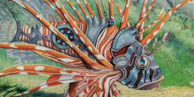 The Gossamer Thread by Ann Richmond - A beautiful artwork featuring a Dryad and a Lion Fish. Painted in the artist's unique style... Framing available. This artwork emerges from the Otherwurlde: our fantastical realm of armoured animals, where every image invites the viewer to uncover its hidden story & deeper meaning. Explore both Original Artworks & Fine-Art Prints at Otherwurlde.com.