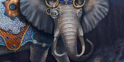 Infinite Dreams by Ann Richmond - An enigmatic artwork featuring a mystical, armoured Elephant & friends. Painted in the artist's unique style... Framing available. This artwork emerges from the Otherwurlde: our fantastical realm of armoured animals, where every image invites the viewer to uncover its hidden story & deeper meaning. Explore both Original Artworks & Fine-Art Prints at Otherwurlde.com.