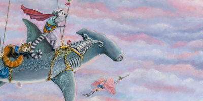 Life's a Breeze by Ann Richmond - An enigmatic artwork featuring an airborne Hammerhead Shark. Painted in the artist's unique style... Framing available. This artwork emerges from the Otherwurlde: our fantastical realm of armoured animals, where every image invites the viewer to uncover its hidden story & deeper meaning. Explore both Original Artworks & Fine-Art Prints at Otherwurlde.com.