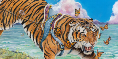 A Great Leap Forward by Ann Richmond - An artwork of an armoured Tiger pulling a box kite. Painted in the artist's unique style... Framing available. This artwork emerges from the Otherwurlde: our fantastical realm of armoured animals, where every image invites the viewer to uncover its hidden story & deeper meaning. Explore both Original Artworks & Fine-Art Prints at Otherwurlde.com.