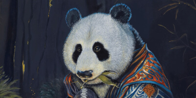 Dinner For One? by Ann Richmond - An artwork of an armoured (& hungry) Giant Panda with a Red Panda friend. Painted in the artist's unique style... Framing available. This artwork emerges from the Otherwurlde: our fantastical realm of armoured animals, where every image invites the viewer to uncover its hidden story & deeper meaning. Explore both Original Artworks & Fine-Art Prints at Otherwurlde.com.