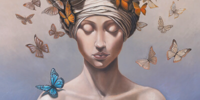 Arrival is the second painting in Ann Richmond's From Whispers to Wings triptych. The young woman, now more assured, finds the blue butterfly—a symbol of inspiration—on her shoulder, while a turban encircled by monarch butterflies reflects her inner contemplation. This piece, set in the magical Otherwurlde, conveys the beauty of recognising and considering one’s own insight. Part of the Otherwurlde Collection, this fantasy art limited edition piece—conceived by renowned UK fantasy artist Ann Richmond and writer Gary Hyland—transports viewers into a magical realm where armoured animals and evocative narratives come to life. Offered as affordable art with story, collectors can choose between the original artwork and an exclusive range of fine-art prints. Discover the enchantment at Otherwurlde.com.