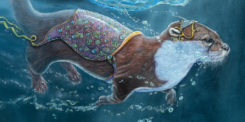 All That Glitters... by Ann Richmond - A stunning artwork of an armoured Otter chasing 2 Golden Carp. Painted in the artist's unique style... Framing available. This artwork emerges from the Otherwurlde: our fantastical realm of armoured animals, where every image invites the viewer to uncover its hidden story & deeper meaning. Explore both Original Artworks & Fine-Art Prints at Otherwurlde.com.