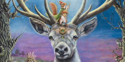 The Healer's Gift... by Ann Richmond - A Painting of a white Deer Stag and Shamanic Red Squirrel companion appearing in a wooded glade. Painted in the artist's unique style... Framing available. This artwork emerges from the Otherwurlde: our fantastical realm of armoured animals, where every image invites the viewer to uncover its hidden story & deeper meaning. Explore both Original Artworks & Fine-Art Prints at Otherwurlde.com.