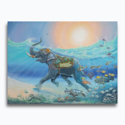 Follow the Leader?, painted by renowned UK fantasy artist Ann Richmond, is a provocative and stunning piece of fantasy art featuring a happy Indian elephant swimming towards shore whilst followed by a mixed shoal of tropical fish. Part of the Otherwurlde Collection—and created in collaboration with writer Gary Hyland—the piece transports viewers into a magical realm where armoured animals and evocative narratives come to life. Offered as affordable art with story, collectors can choose between the original artwork and an exclusive range of fine-art prints. Discover the enchantment at Otherwurlde.com.