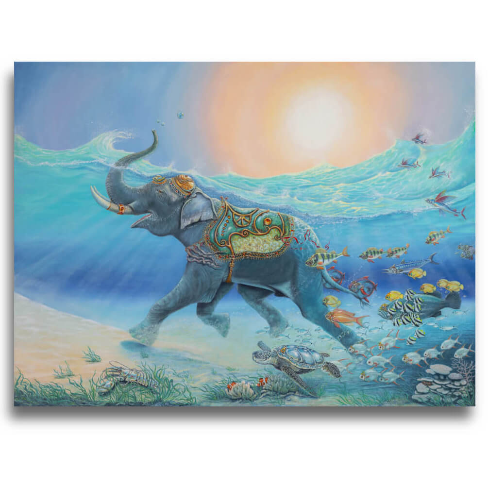 Follow the Leader? by Ann Richmond - A Painting of an Indian Elephant, swimming towards shore, whilst followed by a mixed shoal of tropical fish. Painted in the artist's unique style... Framing available. This artwork emerges from the Otherwurlde: our fantastical realm of armoured animals, where every image invites the viewer to uncover its hidden story & deeper meaning. Explore both Original Artworks & Fine-Art Prints at Otherwurlde.com.