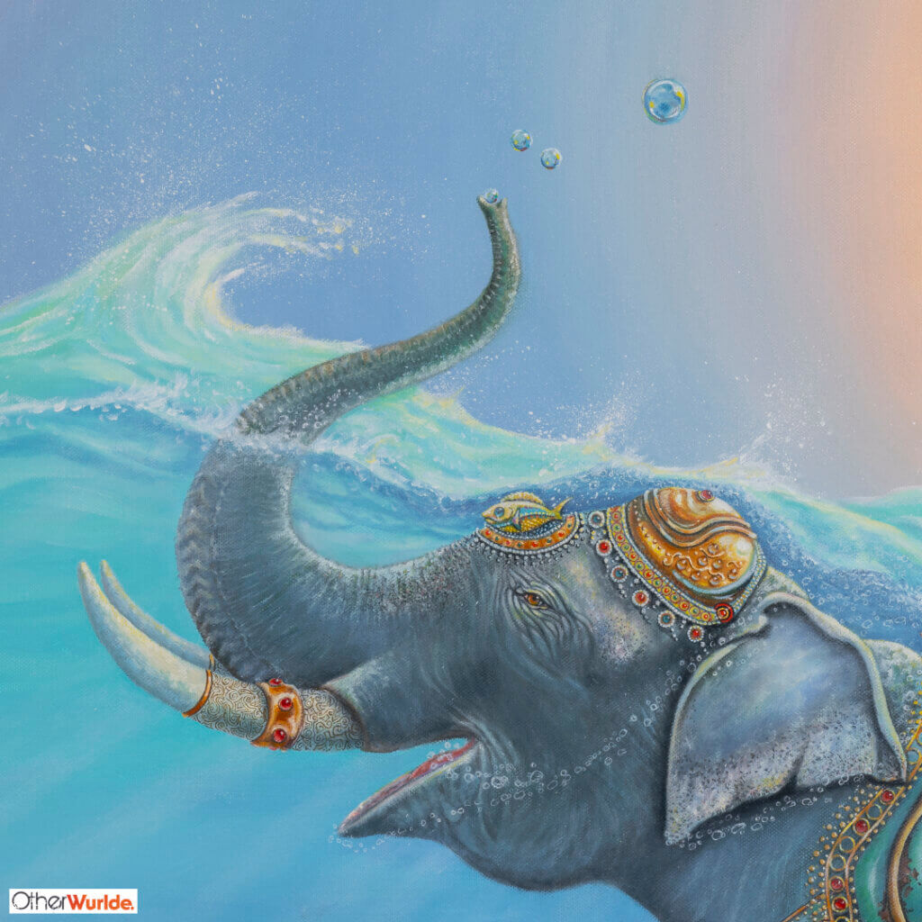 Follow the Leader? by Ann Richmond - A Painting of an Indian Elephant, swimming towards shore, whilst followed by a mixed shoal of tropical fish. Painted in the artist's unique style... Framing available. This artwork emerges from the Otherwurlde: our fantastical realm of armoured animals, where every image invites the viewer to uncover its hidden story & deeper meaning. Explore both Original Artworks & Fine-Art Prints at Otherwurlde.com.