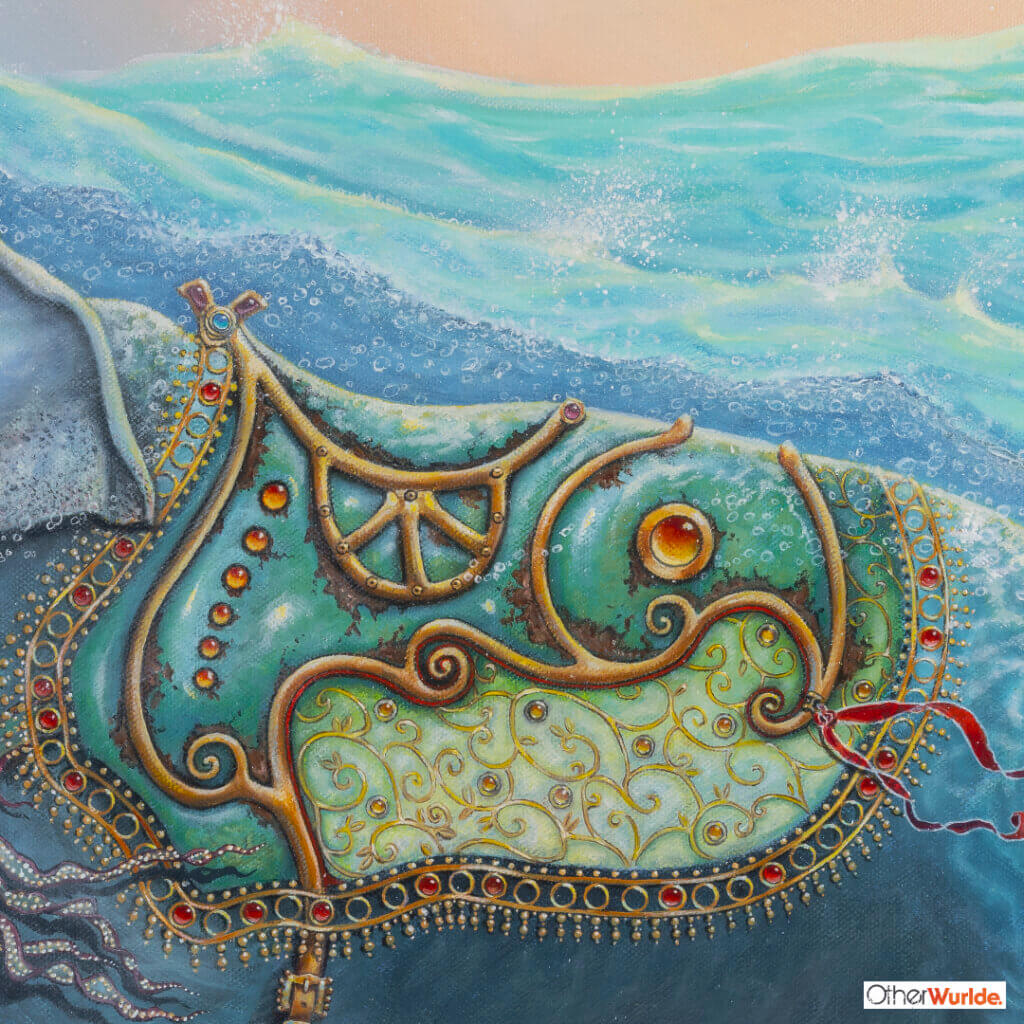 Follow the Leader? by Ann Richmond - A Painting of an Indian Elephant, swimming towards shore, whilst followed by a mixed shoal of tropical fish. Painted in the artist's unique style... Framing available. This artwork emerges from the Otherwurlde: our fantastical realm of armoured animals, where every image invites the viewer to uncover its hidden story & deeper meaning. Explore both Original Artworks & Fine-Art Prints at Otherwurlde.com.