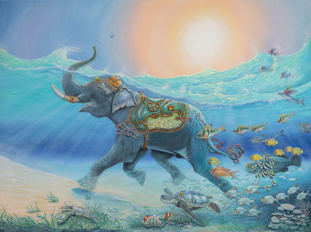 Follow the Leader? by Ann Richmond - A Painting of an Indian Elephant, swimming towards shore, whilst followed by a mixed shoal of tropical fish. Painted in the artist's unique style... Framing available. This artwork emerges from the Otherwurlde: our fantastical realm of armoured animals, where every image invites the viewer to uncover its hidden story & deeper meaning. Explore both Original Artworks & Fine-Art Prints at Otherwurlde.com.