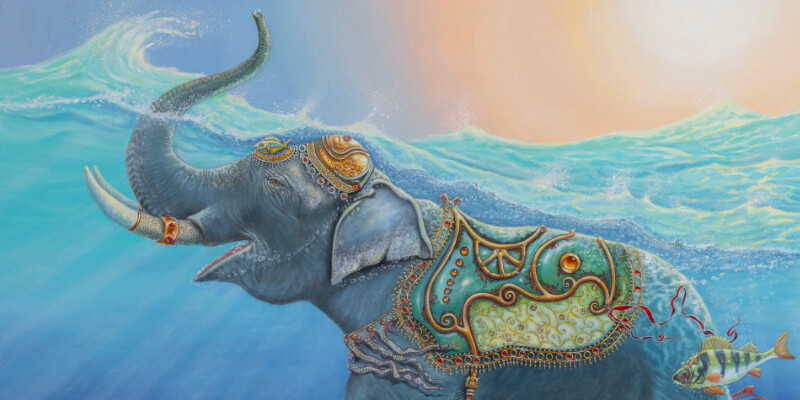 Follow the Leader? by Ann Richmond - A Painting of an Indian Elephant, swimming towards shore, whilst followed by a mixed shoal of tropical fish. Painted in the artist's unique style... Framing available. This artwork emerges from the Otherwurlde: our fantastical realm of armoured animals, where every image invites the viewer to uncover its hidden story & deeper meaning. Explore both Original Artworks & Fine-Art Prints at Otherwurlde.com.