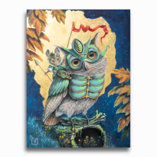 The Watchers, painted by renowned UK fantasy artist Ann Richmond, is an endearing piece of fantasy art featuring an attentive Little Owl and his steadfast Fieldmouse companion. Part of the Otherwurlde Collection—and created in collaboration with writer Gary Hyland—the piece transports viewers into a magical realm where armoured animals and evocative narratives come to life. Offered as affordable art with story, collectors can choose between the original artwork and an exclusive range of fine-art prints. Discover the enchantment at Otherwurlde.com.