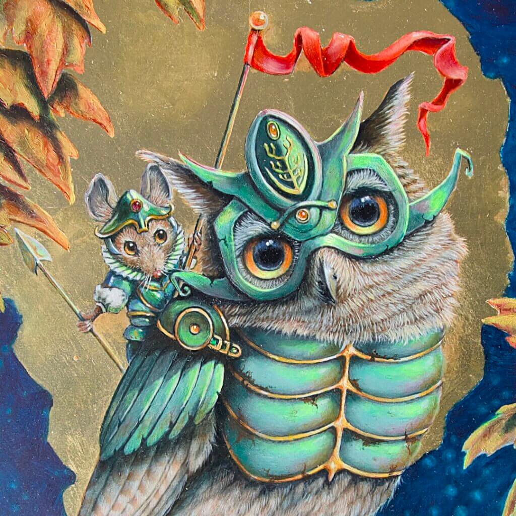 The Watchers by Ann Richmond - An endearing artwork featuring an alert Little Owl and his ever-vigilant Mouse companion. Painted in the artist's unique style... Framing available. This artwork emerges from the Otherwurlde: our fantastical realm of armoured animals, where every image invites the viewer to uncover its hidden story & deeper meaning. Explore both Original Artworks & Fine-Art Prints at Otherwurlde.com.