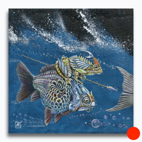 Quicksilver!, painted by renowned UK fantasy artist Ann Richmond, is a stunning and captivating piece of fantasy art featuring an Oranda carp and a hopeful frog in pursuit of a swift barracuda. Part of the Otherwurlde Collection—and created in collaboration with writer Gary Hyland—the piece transports viewers into a magical realm where armoured animals and evocative narratives come to life. Offered as affordable art with story, collectors can choose between the original artwork and an exclusive range of fine-art prints. Discover the enchantment at Otherwurlde.com.