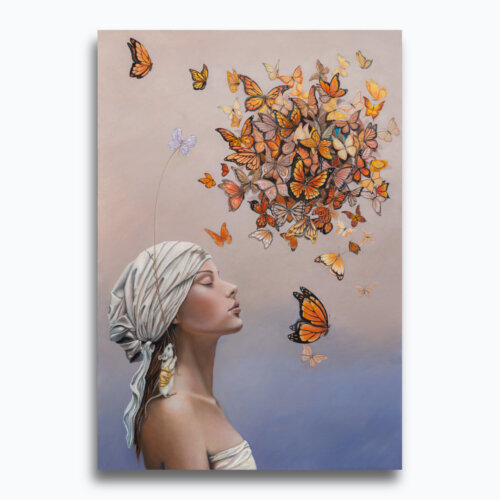 Approach is the first painting in Ann Richmond's From Whispers to Wings triptych, introducing a young woman in quiet contemplation as she begins a journey of self-discovery. Surrounded by a cloud of monarch butterflies, a hidden blue butterfly symbolises a yet-unfound idea amidst Otherwurlde—a fabled realm of armoured animals and their stories. Part of the Otherwurlde Collection, this fantasy art limited edition piece—conceived by renowned UK fantasy artist Ann Richmond and writer Gary Hyland—transports viewers into a magical realm where armoured animals and evocative narratives come to life. Offered as affordable art with story, collectors can choose between the original artwork and an exclusive range of fine-art prints. Discover the enchantment at Otherwurlde.com.