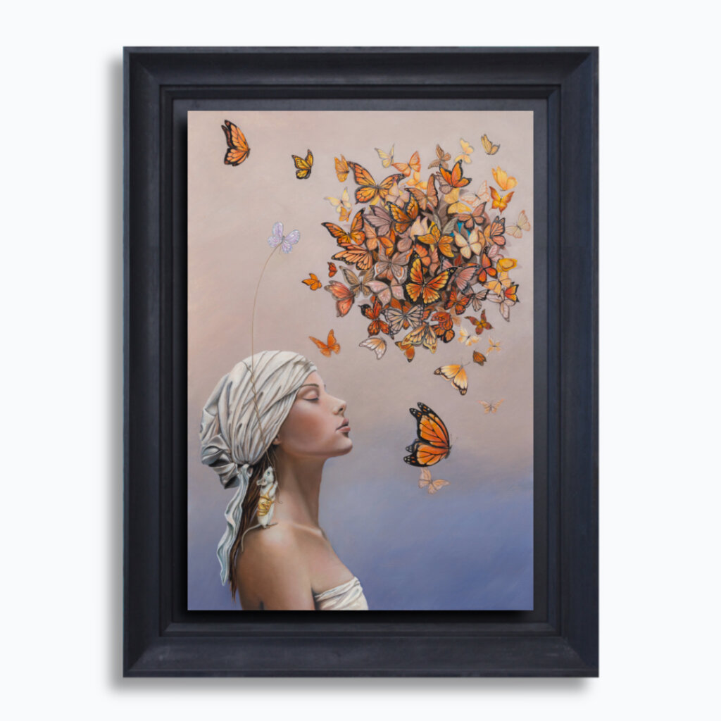 Approach is the first painting in Ann Richmond's From Whispers to Wings triptych, introducing a young woman in quiet contemplation as she begins a journey of self-discovery. Surrounded by a cloud of monarch butterflies, a hidden blue butterfly symbolises a yet-unfound idea amidst Otherwurlde—a fabled realm of armoured animals and their stories. Created by UK fantasy artist Ann Richmond, this dreamlike artwork evokes themes of inspiration and inner clarity. Discover the Original Work & Fine-Art Prints at Otherwurlde.com.