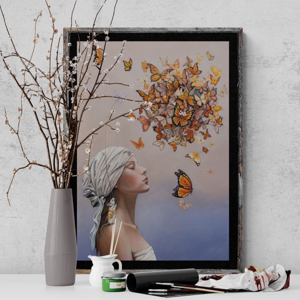 Approach is the first painting in Ann Richmond's From Whispers to Wings triptych, introducing a young woman in quiet contemplation as she begins a journey of self-discovery. Surrounded by a cloud of monarch butterflies, a hidden blue butterfly symbolises a yet-unfound idea amidst Otherwurlde—a fabled realm of armoured animals and their stories. Created by UK fantasy artist Ann Richmond, this dreamlike artwork evokes themes of inspiration and inner clarity. Discover the Original Work & Fine-Art Prints at Otherwurlde.com.