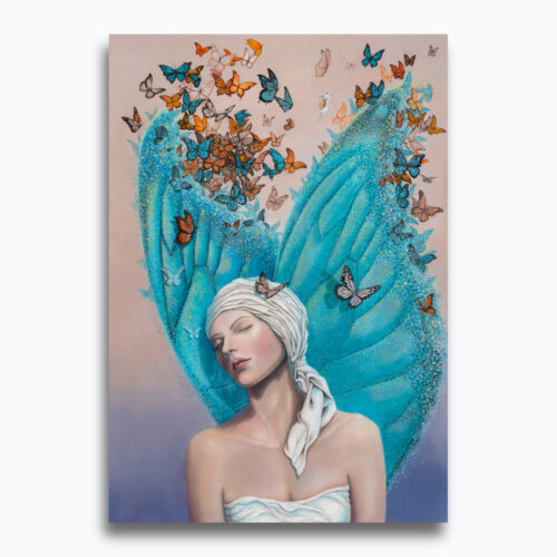 Ascension, the final painting in Ann Richmond's From Whispers to Wings triptych, captures the transformative moment of full acceptance as the young woman’s blue butterfly transforms into ethereal wings. Surrounded by a vibrant assembly of monarchs, she emerges with a sense of clarity, embodying her chosen path within Otherwurlde’s mythical setting. Part of the Otherwurlde Collection, this fantasy art limited edition piece—conceived by renowned UK fantasy artist Ann Richmond and writer Gary Hyland—transports viewers into a magical realm where armoured animals and evocative narratives come to life. Offered as affordable art with story, collectors can choose between the original artwork and an exclusive range of fine-art prints. Discover the enchantment at Otherwurlde.com.