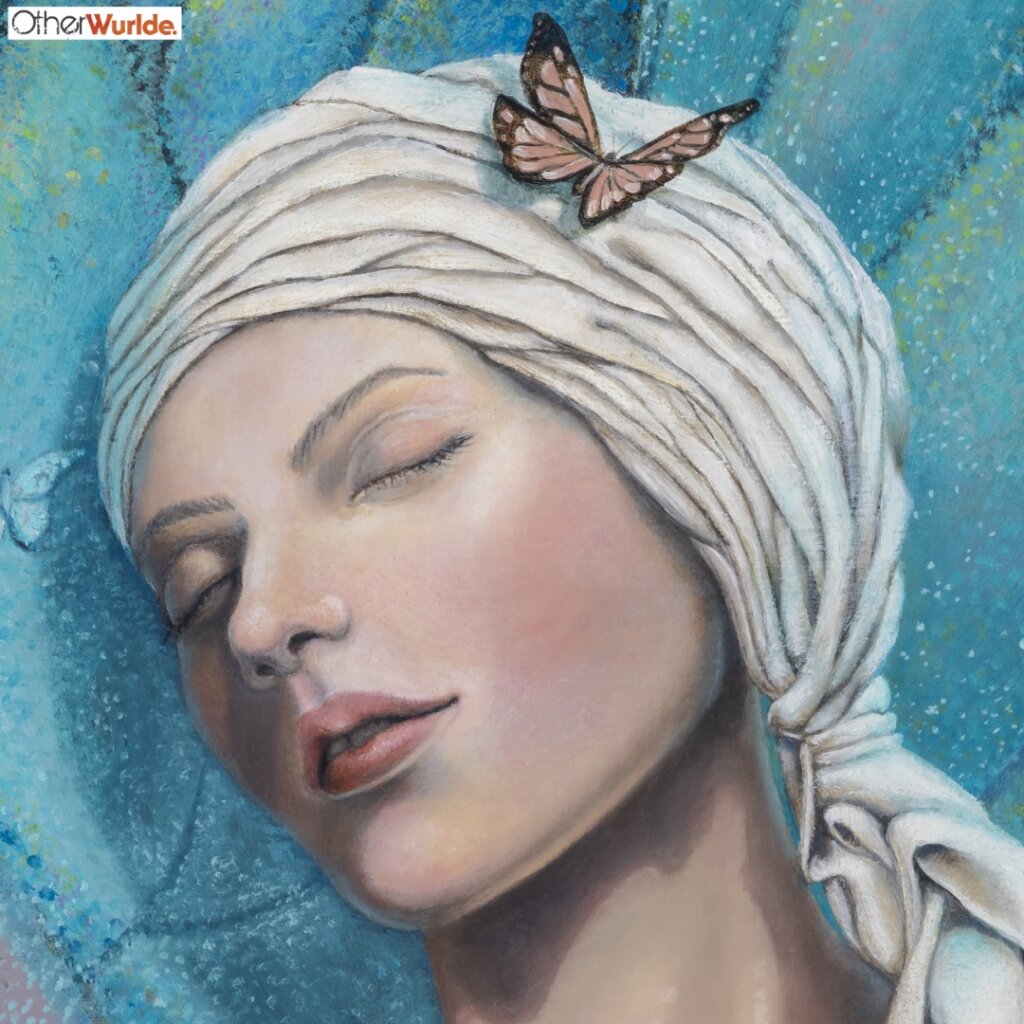 Ascension, the final painting in Ann Richmond's From Whispers to Wings triptych, captures the transformative moment of full acceptance as the young woman’s blue butterfly transforms into ethereal wings. Surrounded by a vibrant assembly of monarchs, she emerges with a sense of clarity, embodying her chosen path within Otherwurlde’s mythical setting. Created by UK fantasy artist Ann Richmond, this artwork celebrates inspiration’s fulfilment. Discover the Original Work & Fine-Art Prints at Otherwurlde.com.