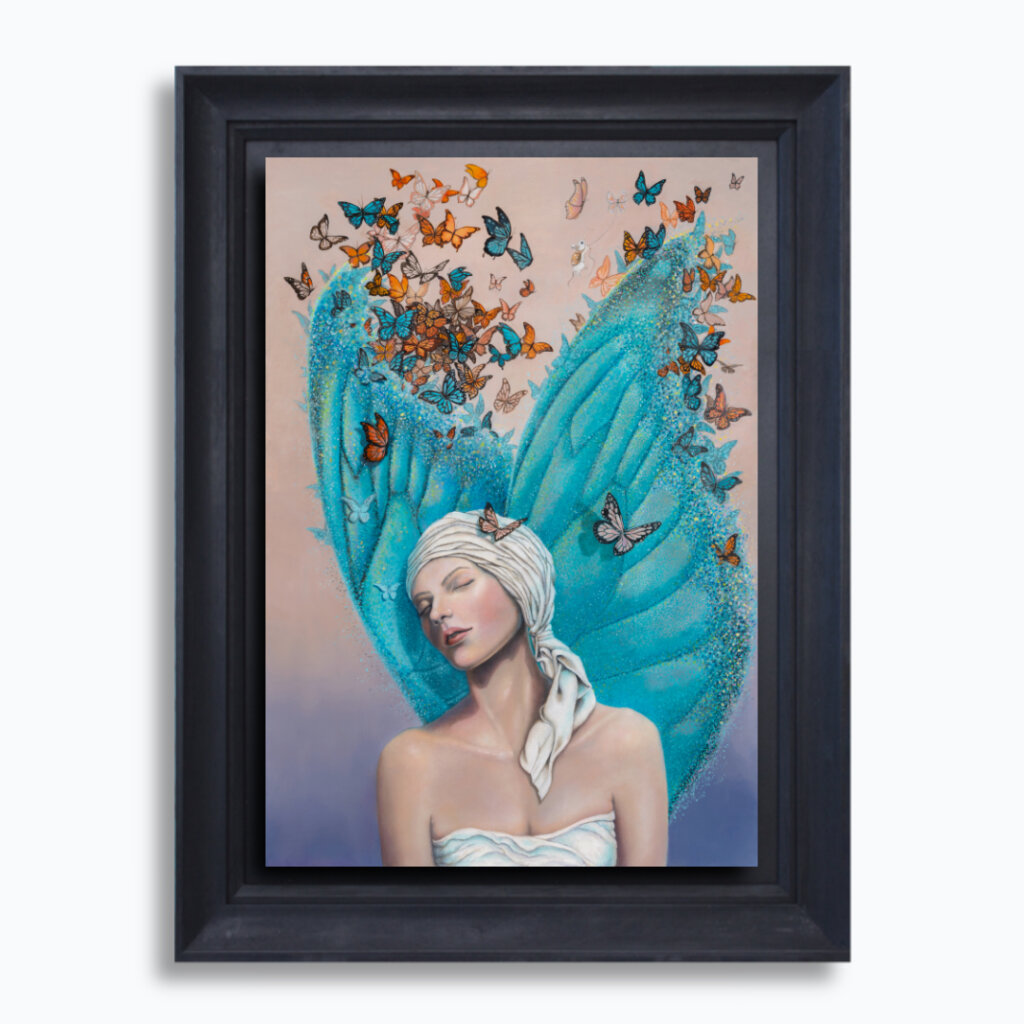 Ascension, the final painting in Ann Richmond's From Whispers to Wings triptych, captures the transformative moment of full acceptance as the young woman’s blue butterfly transforms into ethereal wings. Surrounded by a vibrant assembly of monarchs, she emerges with a sense of clarity, embodying her chosen path within Otherwurlde’s mythical setting. Created by UK fantasy artist Ann Richmond, this artwork celebrates inspiration’s fulfilment. Discover the Original Work & Fine-Art Prints at Otherwurlde.com.