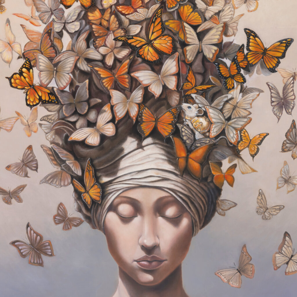 Arrival is the second painting in Ann Richmond's From Whispers to Wings triptych. The young woman, now more assured, finds the blue butterfly—a symbol of inspiration—on her shoulder, while a turban encircled by monarch butterflies reflects her inner contemplation. This piece, set in the magical Otherwurlde, conveys the beauty of recognising and considering one’s own insight. Created by UK fantasy artist Ann Richmond, this artwork speaks to the themes of inspiration and self-reflection. Discover the Original Work & Fine-Art Prints at Otherwurlde.com.