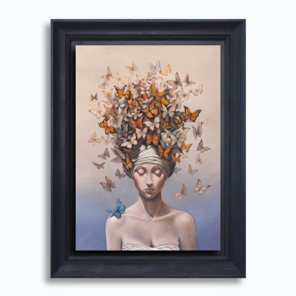 Arrival is the second painting in Ann Richmond's From Whispers to Wings triptych. The young woman, now more assured, finds the blue butterfly—a symbol of inspiration—on her shoulder, while a turban encircled by monarch butterflies reflects her inner contemplation. This piece, set in the magical Otherwurlde, conveys the beauty of recognising and considering one’s own insight. Created by UK fantasy artist Ann Richmond, this artwork speaks to the themes of inspiration and self-reflection. Discover the Original Work & Fine-Art Prints at Otherwurlde.com.