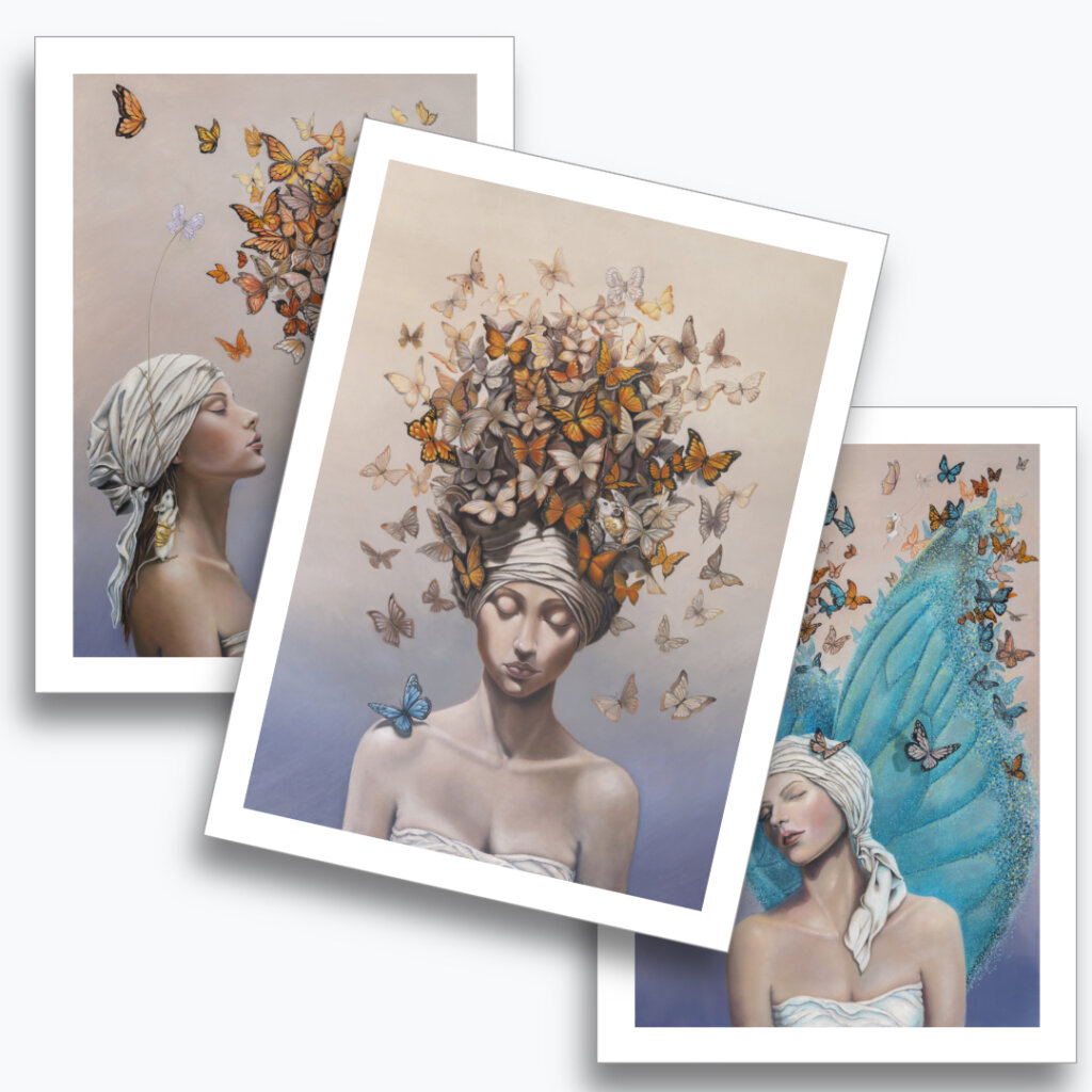 From Whispers to Wings: This dreamlike fantasy artwork invites viewers into Otherwurlde—a realm where armoured animals and hidden stories unfold. In this enchanting triptych, Approach, Arrival, and Ascension, a young woman’s journey to embrace a single, elusive idea is symbolised by a blue butterfly, gradually revealed amidst a cloud of monarchs. Created by UK fantasy artist Ann Richmond, this evocative piece speaks to themes of inspiration and discovery. Explore both the Original Work & Fine-Art Prints of this artwork at Otherwurlde.com.