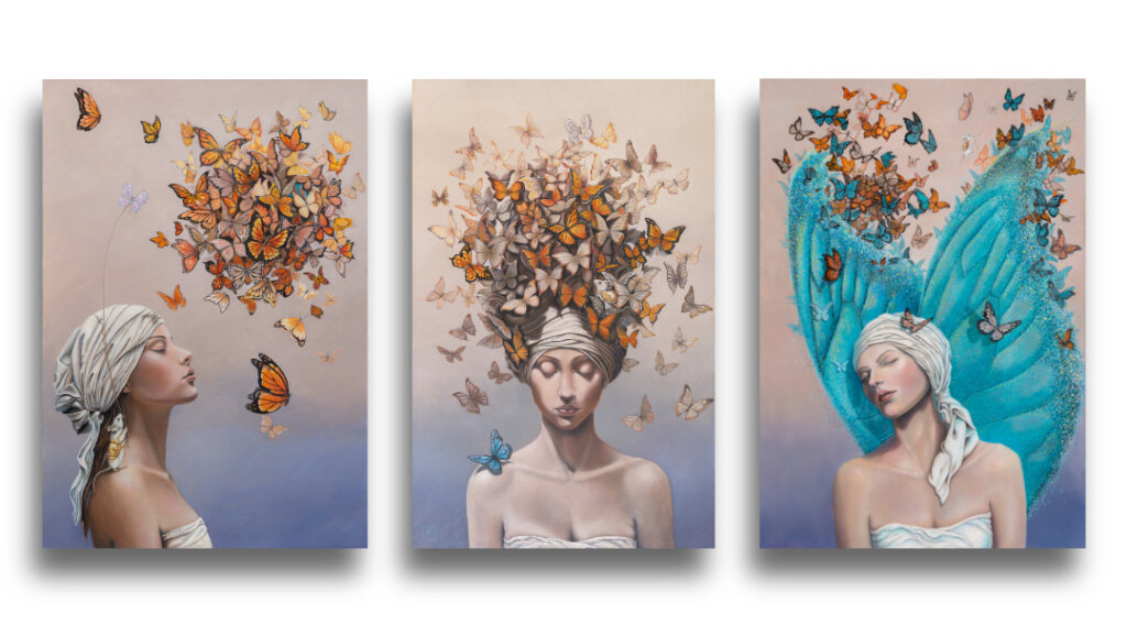 From Whispers to Wings: This dreamlike fantasy artwork invites viewers into Otherwurlde—a realm where armoured animals and hidden stories unfold. In this enchanting triptych, Approach, Arrival, and Ascension, a young woman’s journey to embrace a single, elusive idea is symbolised by a blue butterfly, gradually revealed amidst a cloud of monarchs. Created by UK fantasy artist Ann Richmond, this evocative piece speaks to themes of inspiration and discovery. Explore both the Original Work & Fine-Art Prints of this artwork at Otherwurlde.com.