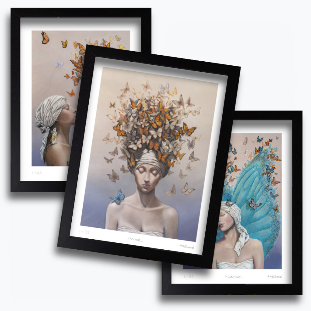 From Whispers to Wings: This dreamlike fantasy artwork invites viewers into Otherwurlde—a realm where armoured animals and hidden stories unfold. In this enchanting triptych, Approach, Arrival, and Ascension, a young woman’s journey to embrace a single, elusive idea is symbolised by a blue butterfly, gradually revealed amidst a cloud of monarchs. Created by UK fantasy artist Ann Richmond, this evocative piece speaks to themes of inspiration and discovery. Explore both the Original Work & Fine-Art Prints of this artwork at Otherwurlde.com.