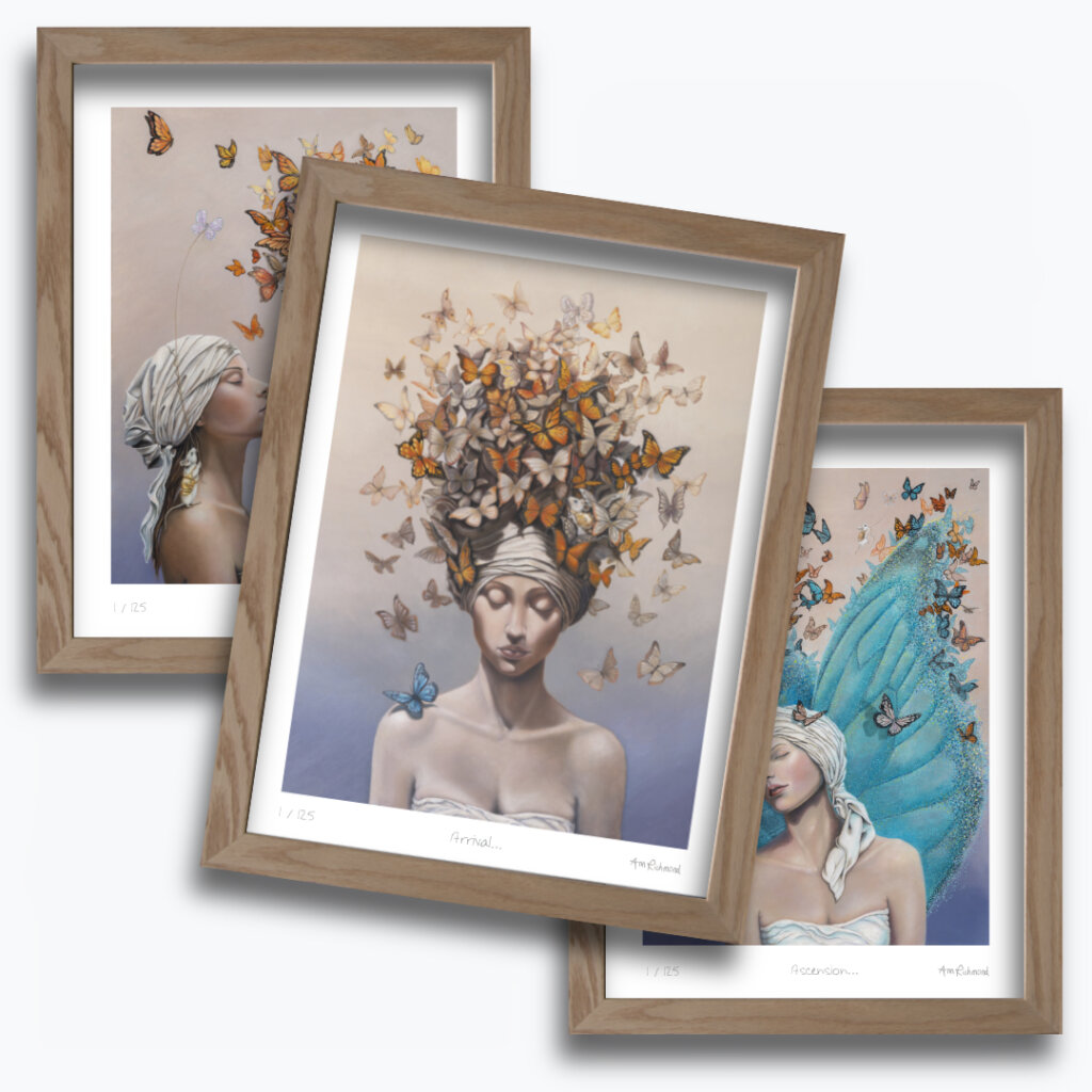 From Whispers to Wings: This dreamlike fantasy artwork invites viewers into Otherwurlde—a realm where armoured animals and hidden stories unfold. In this enchanting triptych, Approach, Arrival, and Ascension, a young woman’s journey to embrace a single, elusive idea is symbolised by a blue butterfly, gradually revealed amidst a cloud of monarchs. Created by UK fantasy artist Ann Richmond, this evocative piece speaks to themes of inspiration and discovery. Explore both the Original Work & Fine-Art Prints of this artwork at Otherwurlde.com.