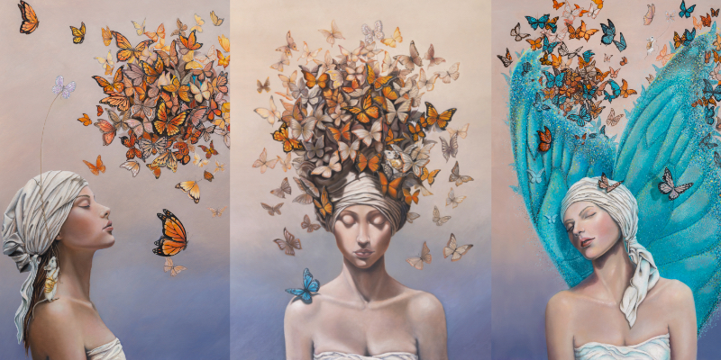 From Whispers to Wings: This dreamlike fantasy artwork invites viewers into Otherwurlde—a realm where armoured animals and hidden stories unfold. In this enchanting triptych, Approach, Arrival, and Ascension, a young woman’s journey to embrace a single, elusive idea is symbolised by a blue butterfly, gradually revealed amidst a cloud of monarchs. Part of the Otherwurlde Collection, this fantasy art limited edition piece—conceived by renowned UK fantasy artist Ann Richmond and writer Gary Hyland—transports viewers into a magical realm where armoured animals and evocative narratives come to life. Offered as affordable art with story, collectors can choose between the original artwork and an exclusive range of fine-art prints. Discover the enchantment at Otherwurlde.com.