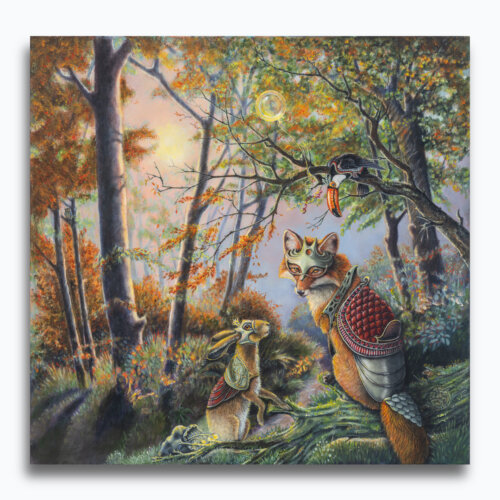 Pilgrim's Gather... painted by renowned UK fantasy artist Ann Richmond, is set in a rich, Autumnal woodland and introduces three companions on a journey of perseverance and spiritual awakening. Part of the Otherwurlde Collection—and created in collaboration with writer Gary Hyland—the piece transports viewers into a magical realm where armoured animals and evocative narratives come to life. Offered as affordable art with story, collectors can choose between the original artwork and an exclusive range of fine-art prints. Discover the enchantment at Otherwurlde.com.